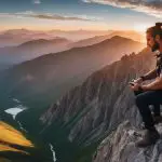 A man sitting on top of a mountain at sunset.