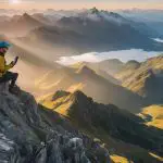 A man is sitting on top of a mountain and looking at his phone.